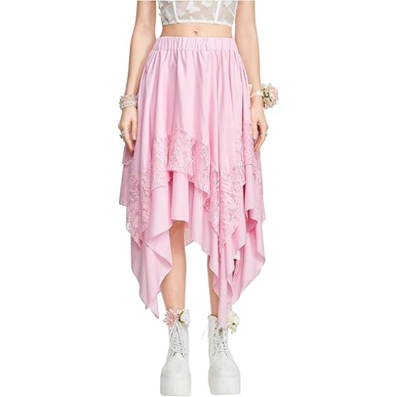 Women's Renaissance Flowy Fairy Skirt Y2k Contrast Lace Layered Asymmetrical Midi Skirts