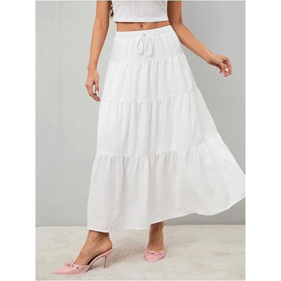 Women's Flowy Flared Ruffle Hem A Line Maxi Skirts Elastic Waist Elegant Tiered Layer Boho Long Skirts