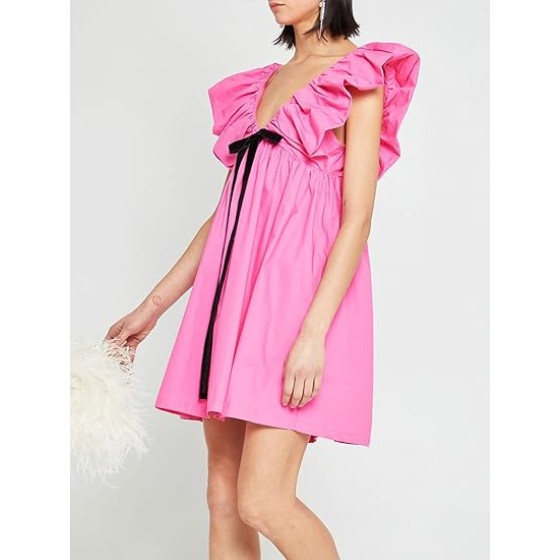 Women's Floral Print Mini Dress V Neck Puff Sleeve Dress Short Babydoll Bow Dress