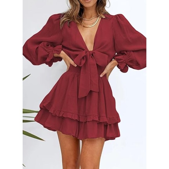 Womens Casual Spring Fall 2025 Deep V Neck Knotted Tiered Chiffon Elegant Mini Short Swing Skater Dresses