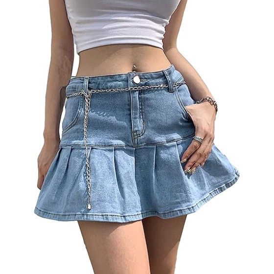 Women's Casual Slim A-line Pleated Ruffle Short Mini Denim Skirts